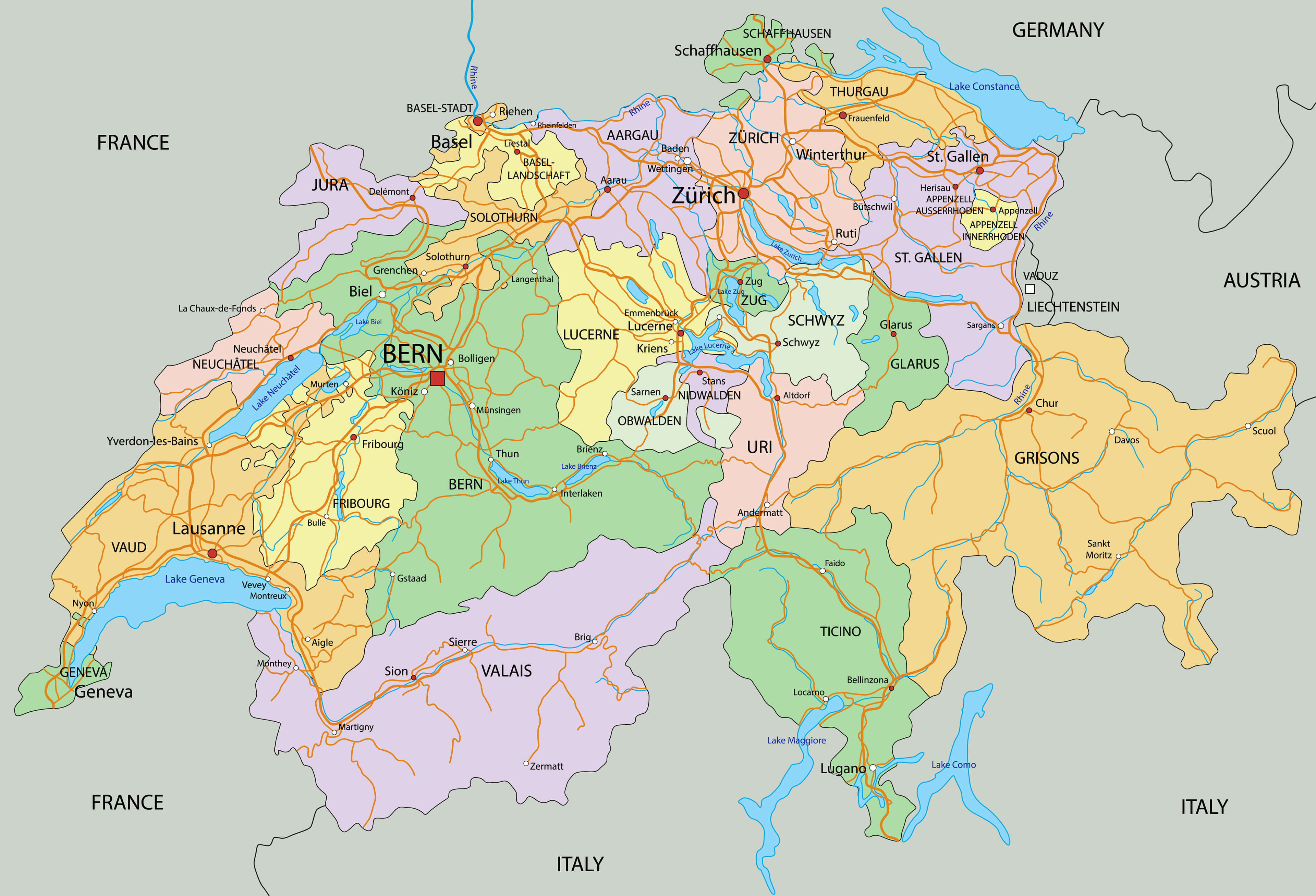 Switzerland Highly detailed political map